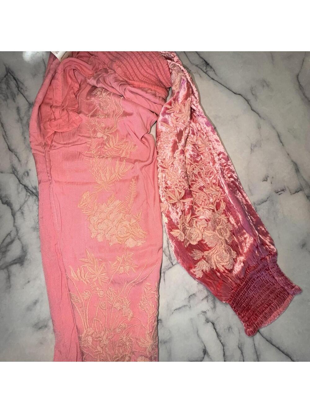 Anthropologie Rosie Embroidered Crushed Velvet Joggers Sz small boho PINK pants - Picture 7 of 8